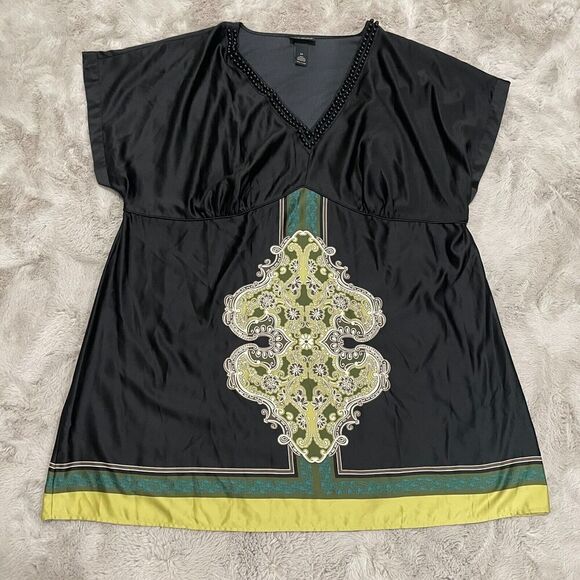 Lane Bryant Silky Beaded V-Neck Tie Back Dress Plus Size 28 Black & Green Boho‎ - Picture 1 of 9